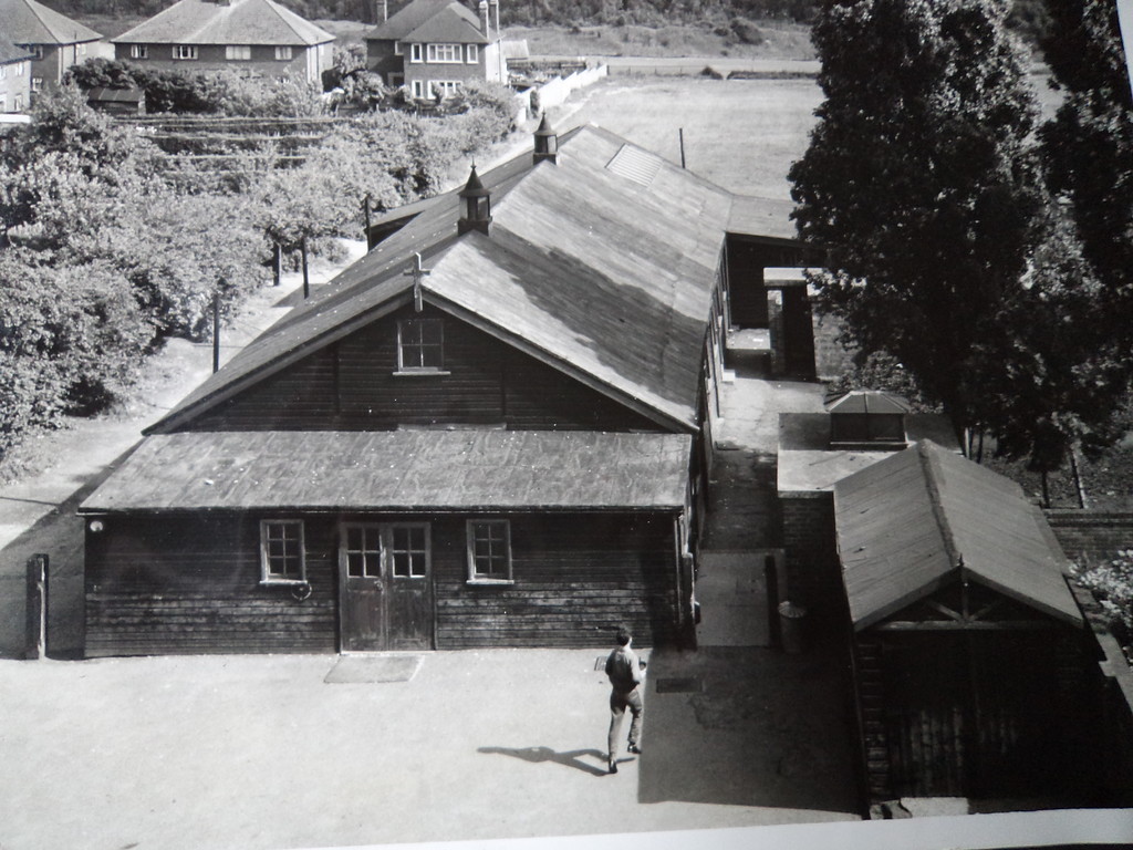 An archival view of a church building from above